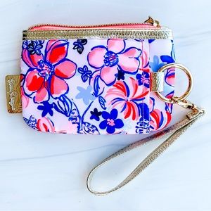 NWOT Lilly Pulitzer Wristlet Gold Accents Floral Design Coral Navy White